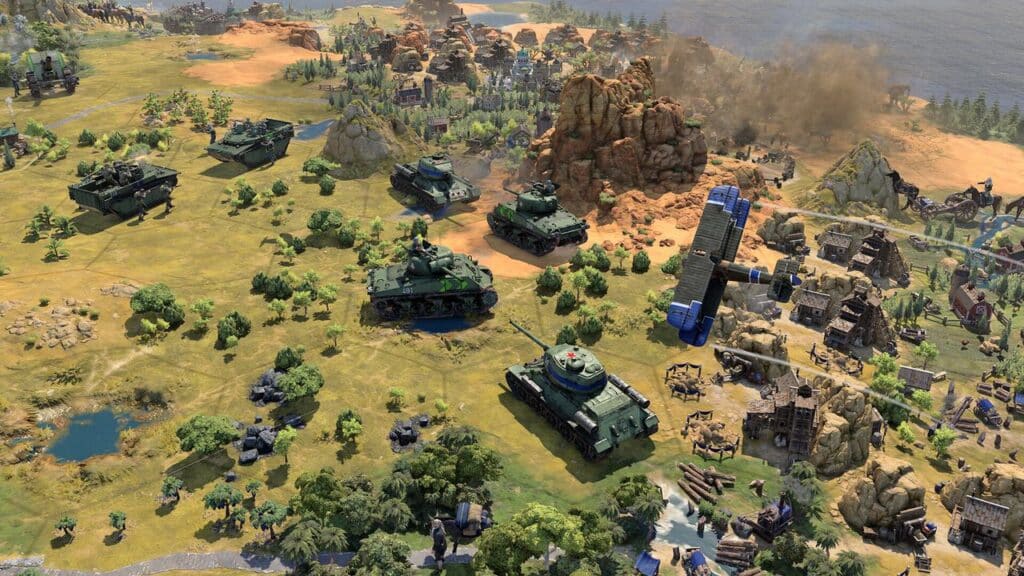 Military tanks, reminiscent of Civilization VII's strategic battles, advance across a grassy battlefield with distant explosions echoing across rocky terrains.