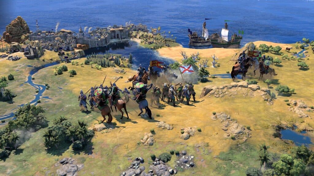 In a breathtaking scene reminiscent of Civilization VII, horsemen and soldiers gather near a coastal castle, their banners fluttering in the breeze. Majestic ships dot the horizon, promising adventure and conquest beyond the shores.