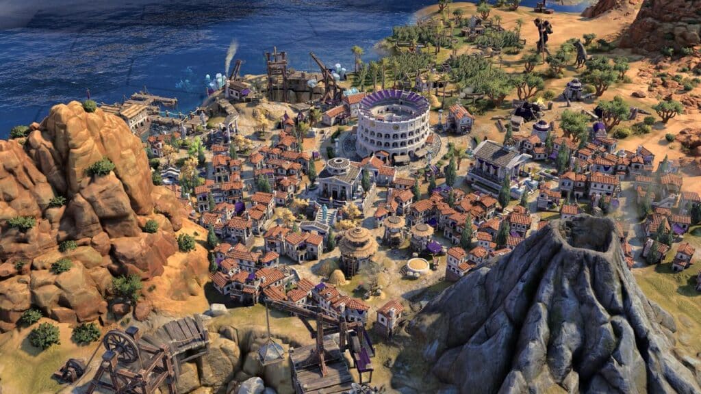 Aerial view of a detailed, ancient city reminiscent of Civilization VII, featuring a grand coliseum, cradled by majestic mountains and the expansive sea.