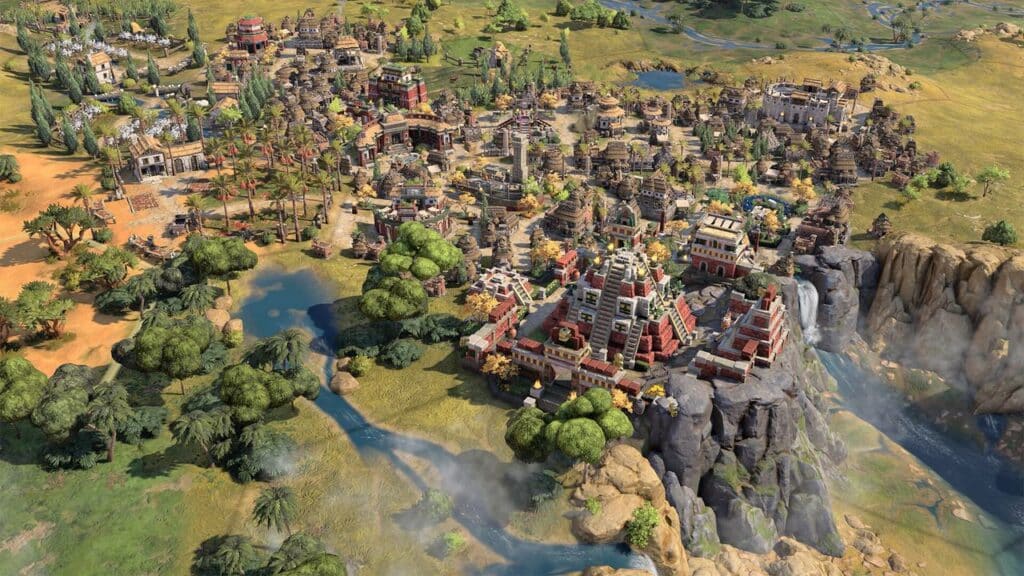 Aerial view of a vibrant, ancient city with colorful buildings, reminiscent of Civilization VII, surrounded by lush greenery, flowing rivers, and dramatic cliffs.