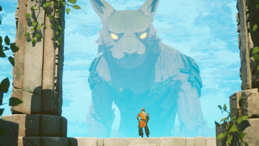 In the ancient ruins of Cloudheim, a person stands before a giant, glowing-eyed wolf statue, bathed in the light of a bright blue sky.