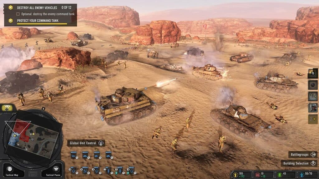 In this desert battlefield scene, tanks and soldiers engage in combat, guided by a strategic mission objective display reminiscent of a Relic Entertainment strategy update.