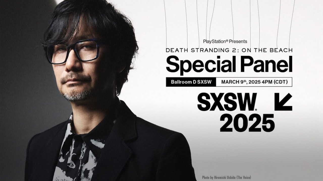 Man in glasses with text promoting the Death Stranding 2 SXSW panel, featuring a special look at "Death Stranding 2: On the Beach.