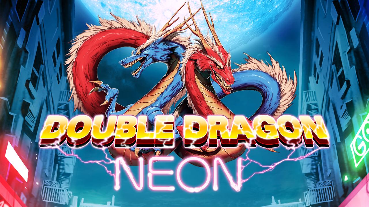 Two intertwined dragons, one red and one blue, soar above the title "Double Dragon Neon" against a vibrant neon-lit city backdrop, setting the stage for an epic adventure that invites players to dive into its world—an experience worthy of any Double Dragon Neon review.