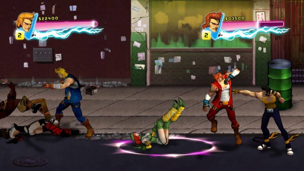 In a scene reminiscent of a Double Dragon Neon review, animated fighters clash fiercely on the street, while two vibrant health bars hover at the top, tracking their every move.