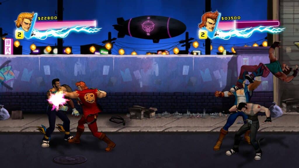 Retro-style video game characters brawl fiercely on a bustling street, with a majestic zeppelin hovering in the background, reminiscent of scenes from a Double Dragon Neon review.