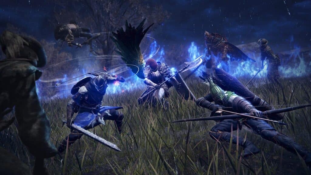 Fantasy warriors clash under the moonlit sky in a grassy field, their dynamic battle poses illuminated by glowing blue energy. It's like stepping into a scene from an Elden Ring Nightreign preview, where magic and might meld seamlessly.