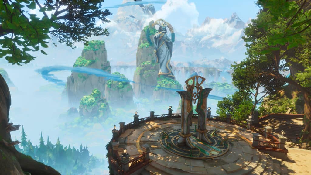 Scenic landscape with a circular platform, towering statue, lush greenery, and distant mountains.