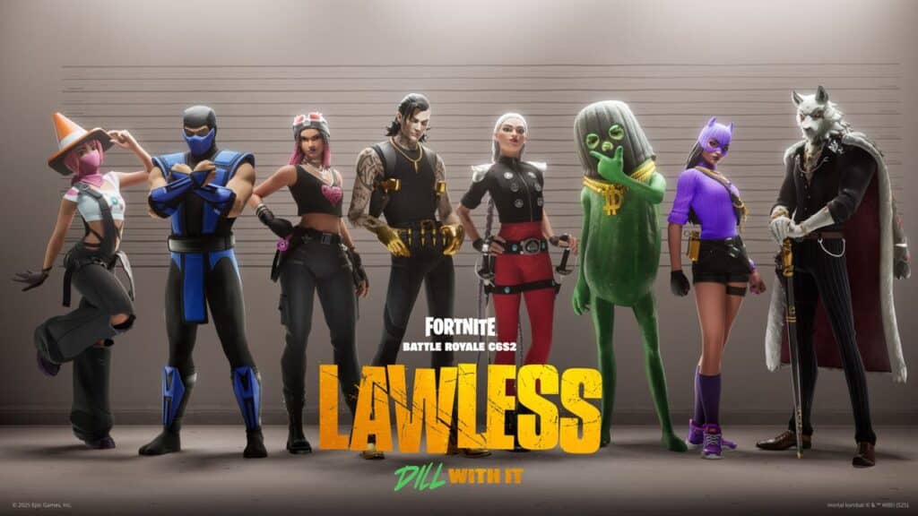 Eight Fortnite characters in various costumes stand under the words "Fortnite Chapter 6 Season 2: LAWLESS Battle Royale 0652.