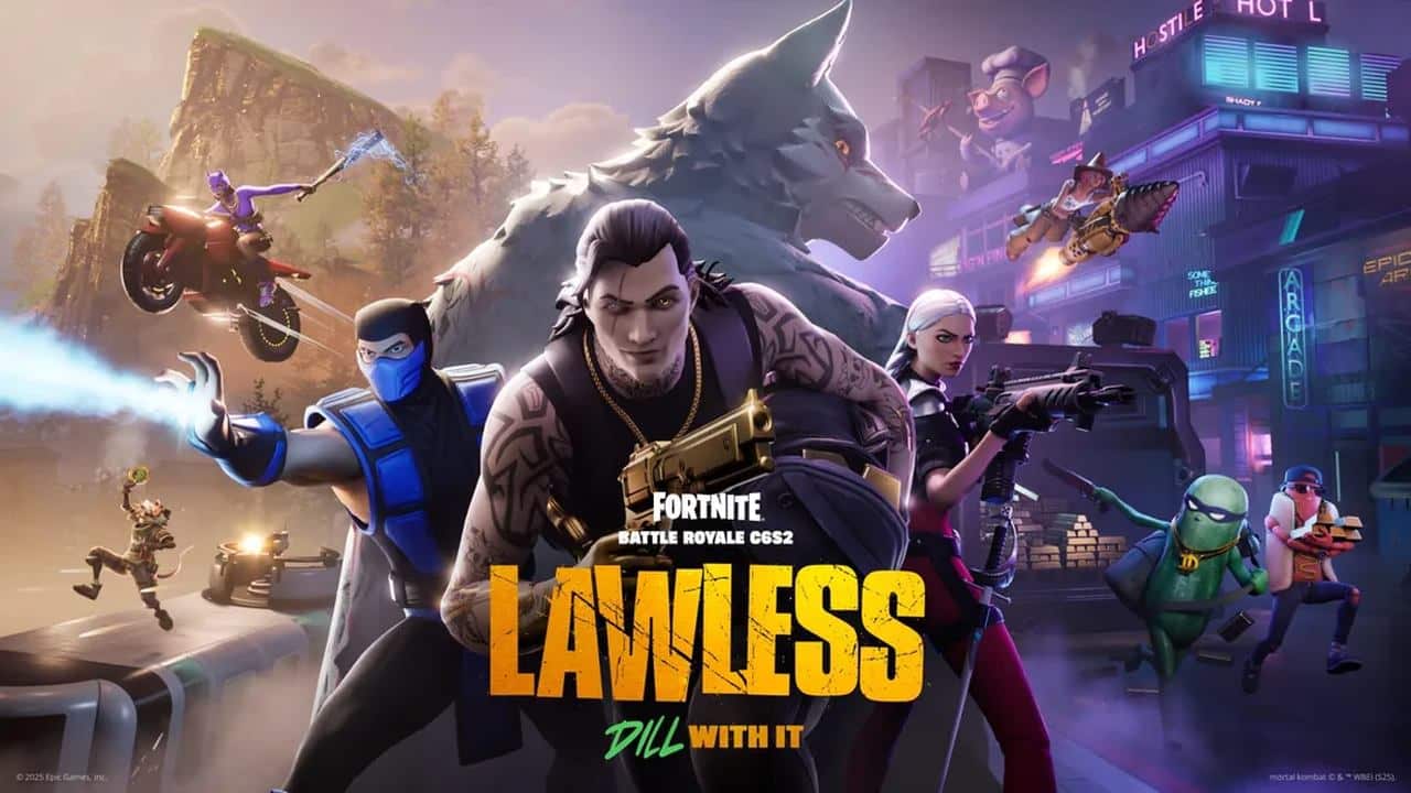 Dynamic characters strike fierce action poses with weapons, a wolf, and vehicles, all under the thrilling banner of "Fortnite Chapter 6 Season 2: LAWLESS.