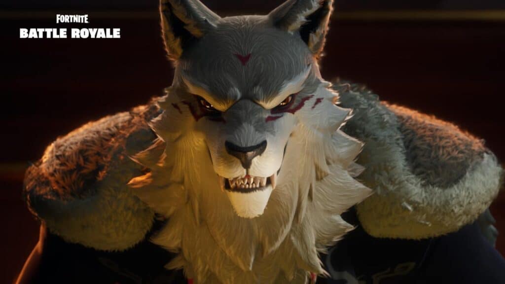 A fierce werewolf character from Fortnite Chapter 6 Season 2: LAWLESS, featuring sharp teeth and glowing eyes, stands menacingly against a dark background.