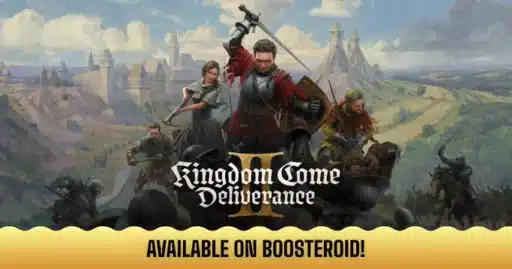 Four medieval warriors with a landscape background and "Kingdom Come Deliverance" text. Available on Boosteroid.