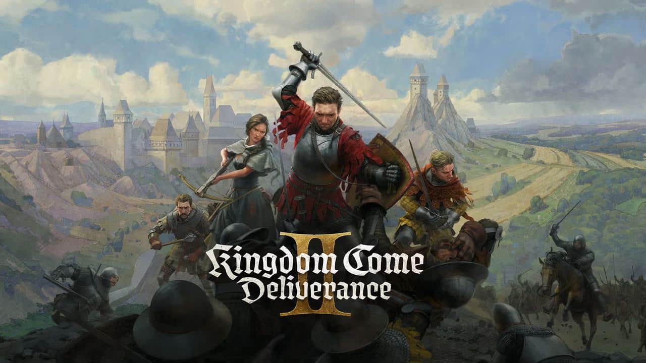 Knights in armor ready themselves for battle with a majestic medieval castle looming in the background. Text reads "Kingdom Come: Deliverance II review.