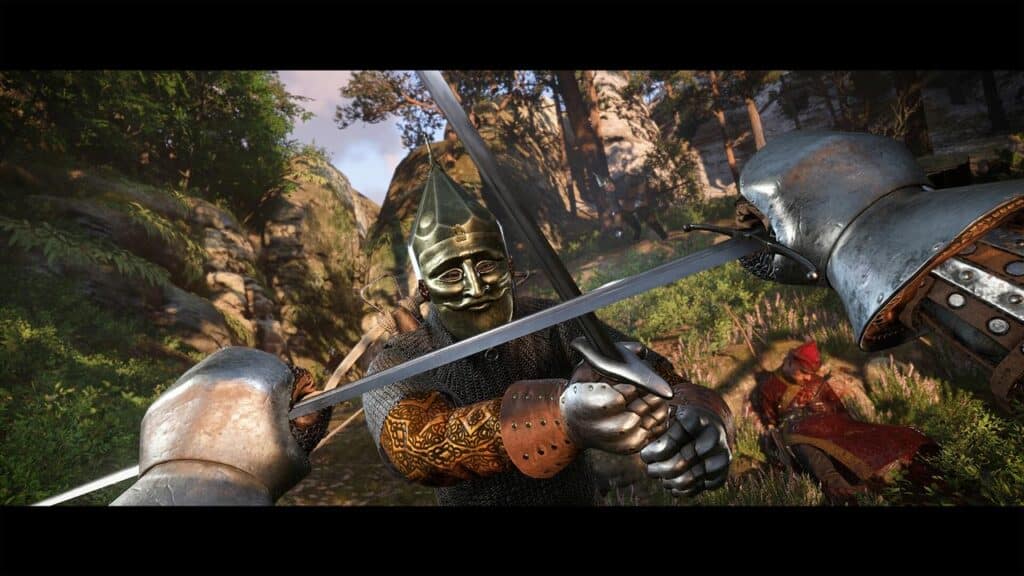 In a forest shrouded in mystery, medieval warriors clad in armor clash swords with fervor. One fighter lies motionless in the background, his red cloak catching the light—a scene reminiscent of an epic battle from Kingdom Come: Deliverance II.