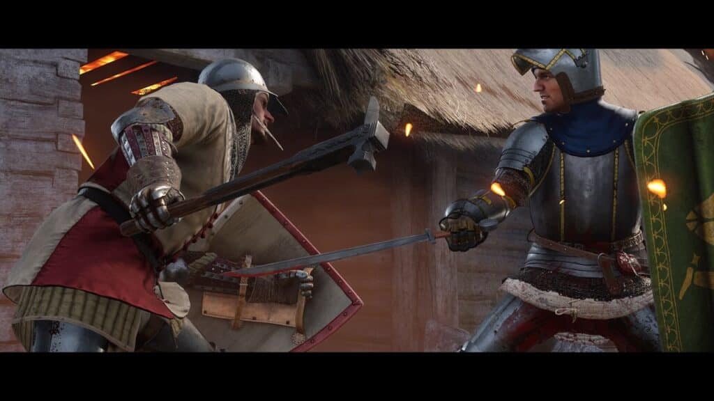 In a scene reminiscent of Kingdom Come: Deliverance II, two armored knights clash in a fierce sword and mace battle, with sparks brilliantly flying against the backdrop of a medieval village.