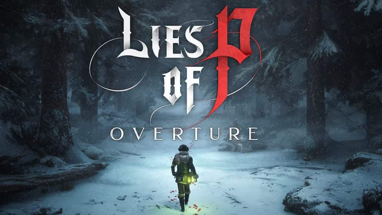 Person walking through snowy forest with "Lies of P Overture" title above.