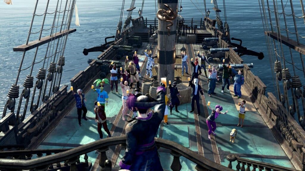 A group of avatars, reminiscent of a scene from Like a Dragon: Pirate Yakuza in Hawaii, dances and interacts on the deck of a sailing ship in a vibrant virtual environment.