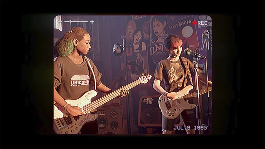 Two people strum guitars on stage, surrounded by band posters and towering speakers, under the banner of Lost Records: Bloom & Rage. Dated July 9, 1995.