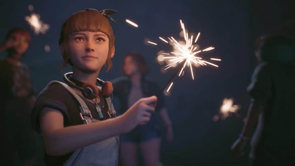 A young person holding a sparkler, wearing headphones around their neck, with friends celebrating in the background, felt like they were living in a scene from Lost Records: Bloom & Rage.