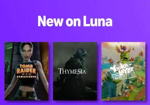 Purple background with text "New on Luna." Covers: Tomb Raider, Thymesia, Yooka-Laylee and the Impossible Lair.