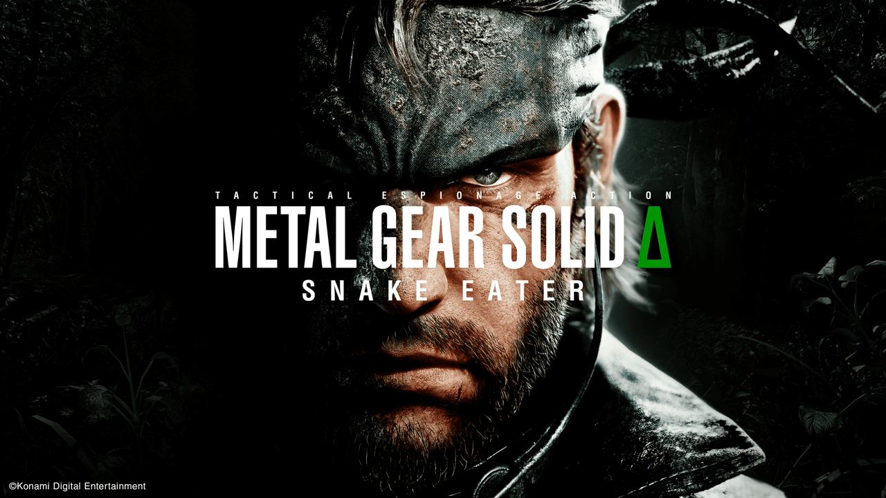 Close-up of a rugged video game character's face with "Metal Gear Solid Delta: Snake Eater" text overlay on a dark background.