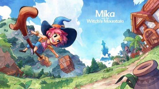 A cheerful witch flying on a broom delivers a package over a scenic village, embodying the magic of Mika and the Witch’s Mountain.