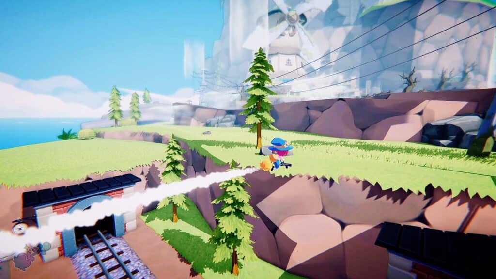 Mika and the Witch’s Mountain's lively cartoon character glides gracefully over a grassy cliffside near a train tunnel, with majestic mountains and windmills spinning in the background.