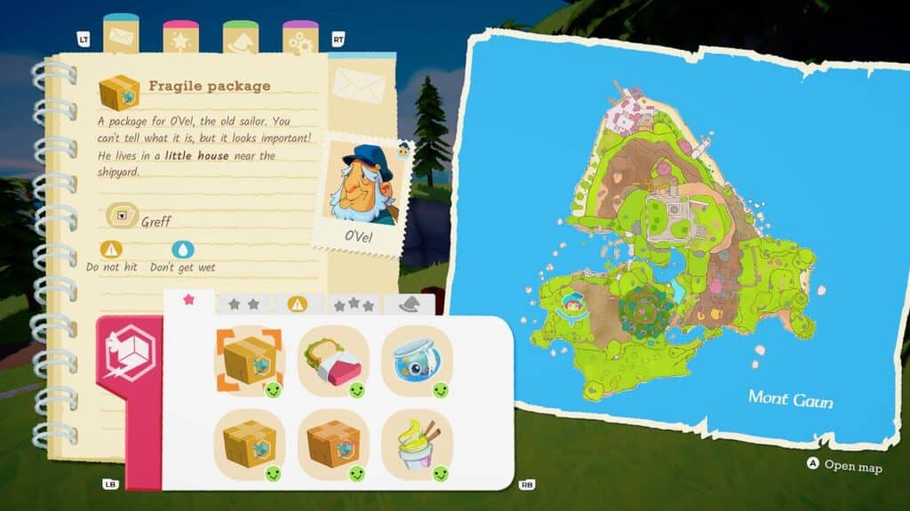 The game screen displays a quest log, various items, and a detailed map of Mont Gaun island with highlighted areas, immersing you in the enchanting world of Mika and the Witch’s Mountain.