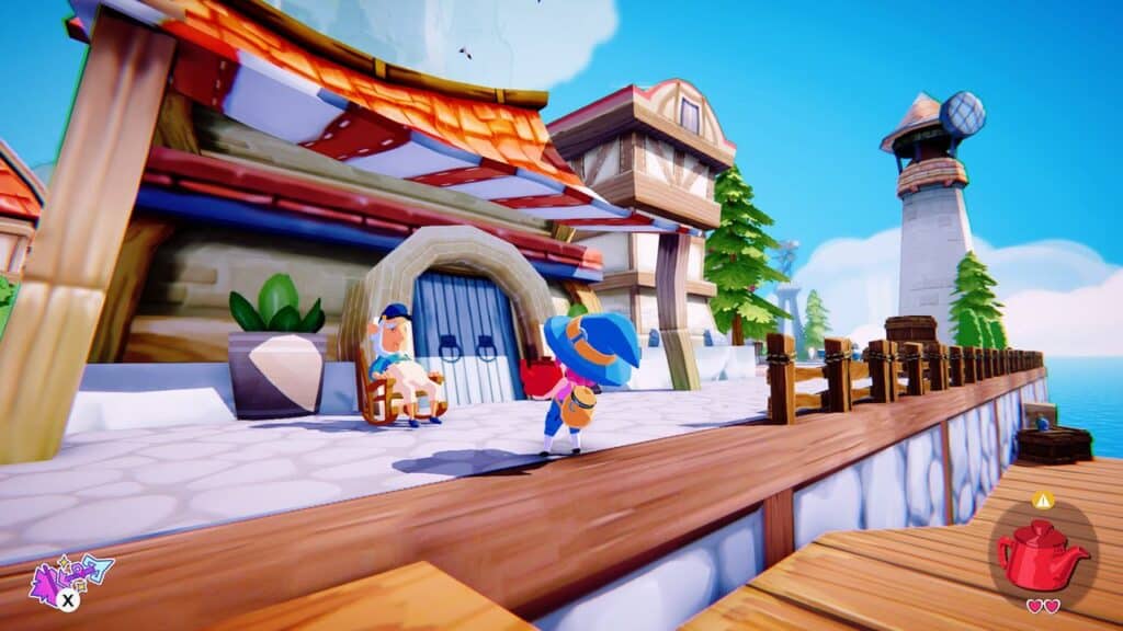 In the vibrant scene from Mika and the Witch’s Mountain, a character stands on a weathered wooden pier, framed by charming buildings and a distant lighthouse under a painted sky.