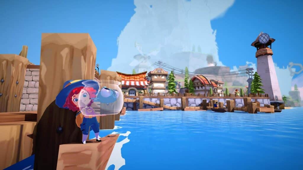 Mika and the Witch’s Mountain character in a blue hat holds a fish at a wooden dock, with colorful buildings and a lighthouse in the background.