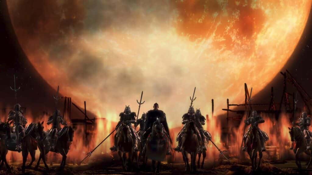 Seven armored warriors on horseback emerge dramatically against a massive, fiery moon backdrop, reminiscent of a scene straight out of Capcom Spotlight, set in a dark, scorched landscape.