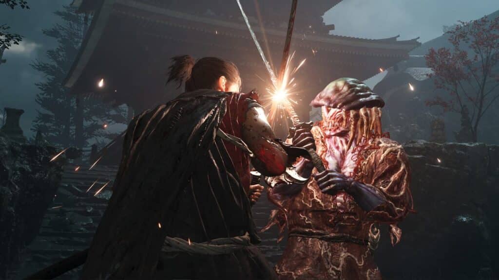 In a dramatic Capcom Spotlight battle scene, a warrior brandishing a sword confronts a monstrous adversary, enveloped by sparks and dark, atmospheric scenery.