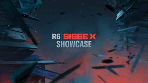 Rainbow Six Siege X Showcase" text with shattered debris and a red-blue gradient background.