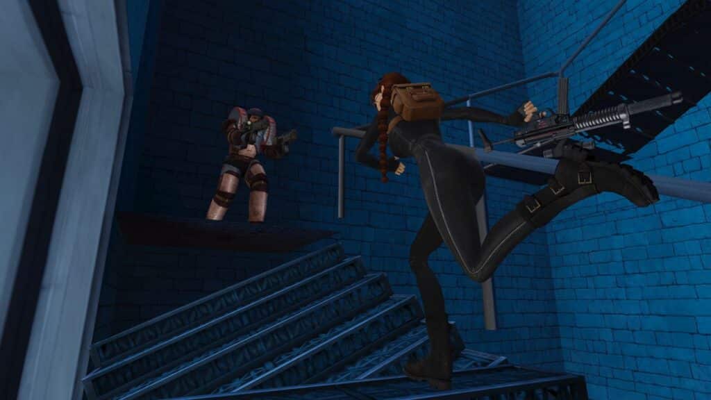 In a blue-walled industrial setting, reminiscent of scenes from Tomb Raider IV-VI Remastered, two characters engage in a tense standoff on metal stairs.