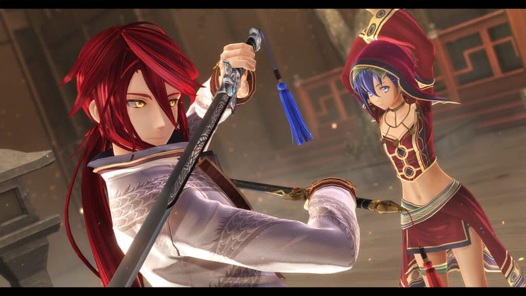 Amidst an atmosphere akin to a Trails Through Daybreak II review, two anime characters prepare to duel, one wielding a sword with precision and the other resplendent in ornate red and gold attire.