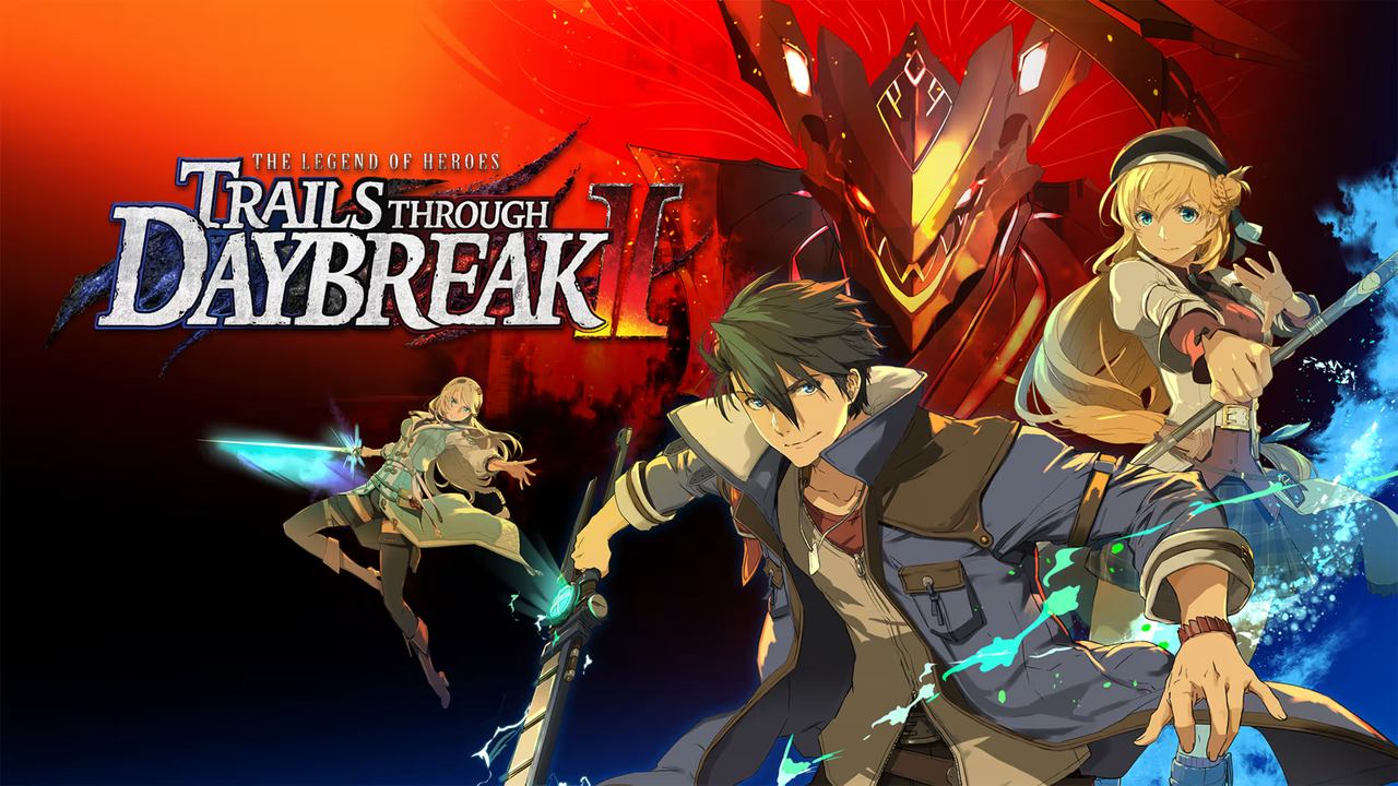 Anime-style characters with weapons pose against a fiery, dramatic backdrop. Text reads, "Trails Through Daybreak II." Stay tuned for the full review.