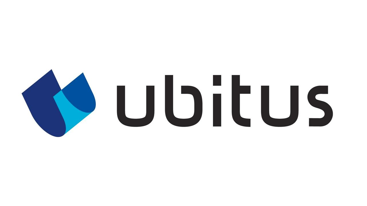 Ubitus logo with stylized blue shapes on the left and the brand name in black text on the right.