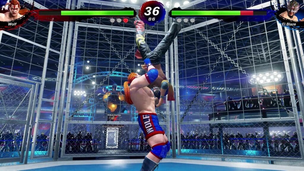 In the steel cage arena, two wrestling game characters clash with electrifying intensity; one lifts the other upside down. The audience roars in anticipation, reminiscent of Virtua Fighter 5 R.E.V.O's thrilling showdowns.