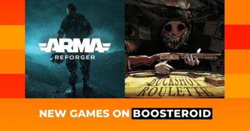 Split image showing "Arma Reforger" on the left and "Buckshot Roulette" on the right with "New Games on Boosteroid" text.