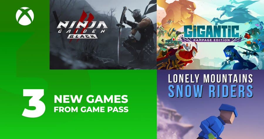 Promo for Xbox Game Pass featuring "Ninja Gaiden Black," "Gigantic," and "Lonely Mountains: Snow Riders.