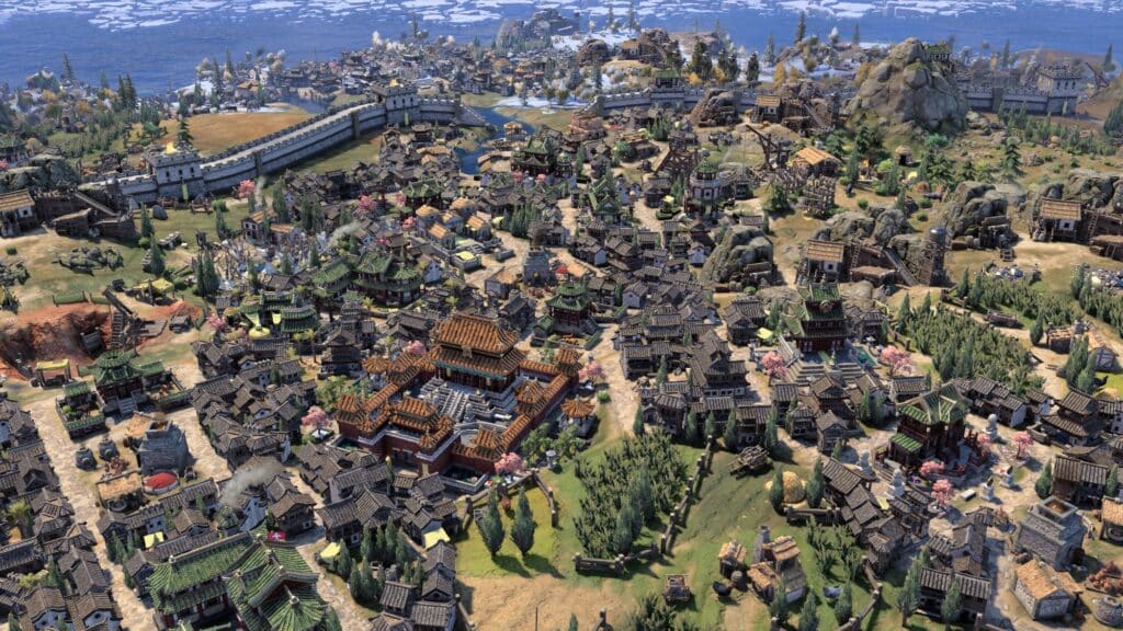 Aerial view of a detailed, vibrant virtual cityscape reminiscent of The Civilization 7 Release, showcasing colorful buildings and lush surrounding landscapes.