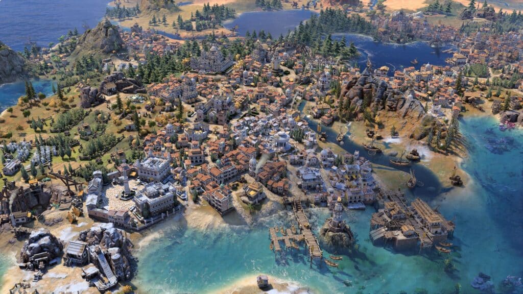 Experience the breathtaking aerial view of a detailed, sprawling coastal city in Civilization 7, featuring meticulously designed buildings, bustling docks, and captivating surrounding landscapes.