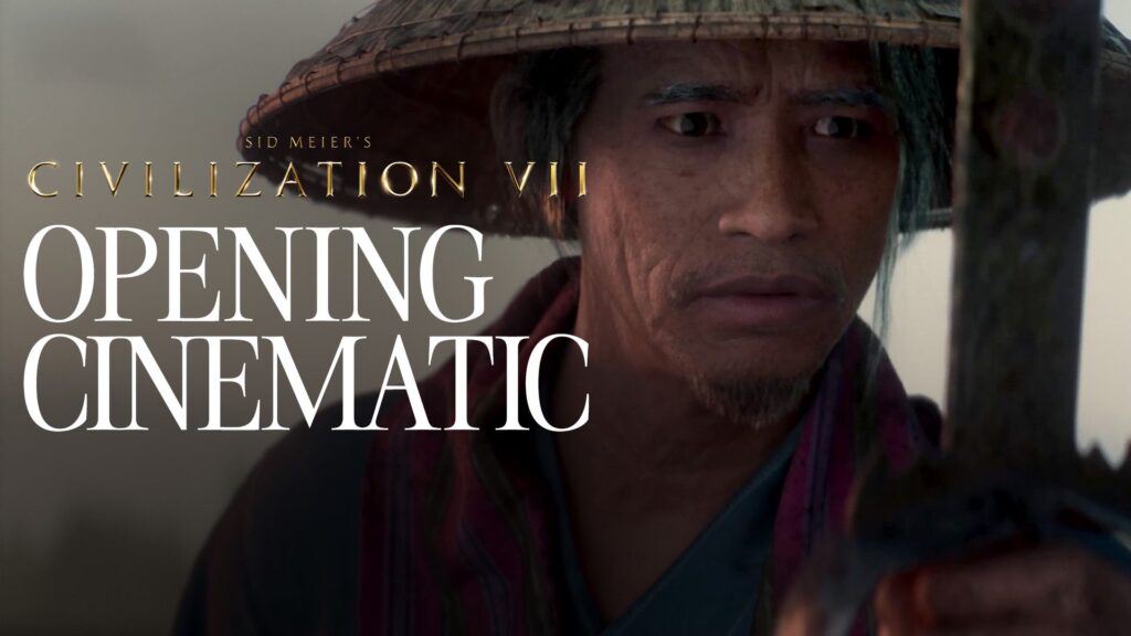 A man in traditional attire and hat gazes intently at a sword, embodying the anticipation of "The Civilization 7 Release". Text reads "Sid Meier's Civilization VII Opening Cinematic.