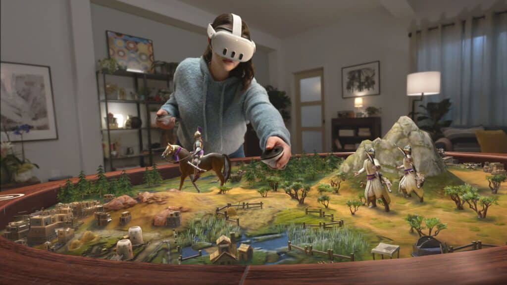 A person is immersed in a VR headset and controllers, exploring a tabletop game with miniature landscapes and figures, reminiscent of the strategic depth found in The Civilization 7 release.