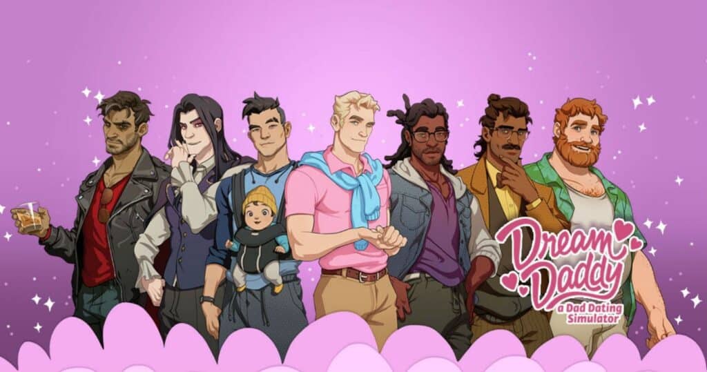 Illustrated characters from "Dream Daddy: A Dad Dating Simulator" game on a pink background with stars, making it a charming addition to Valentine's Day games for singles.