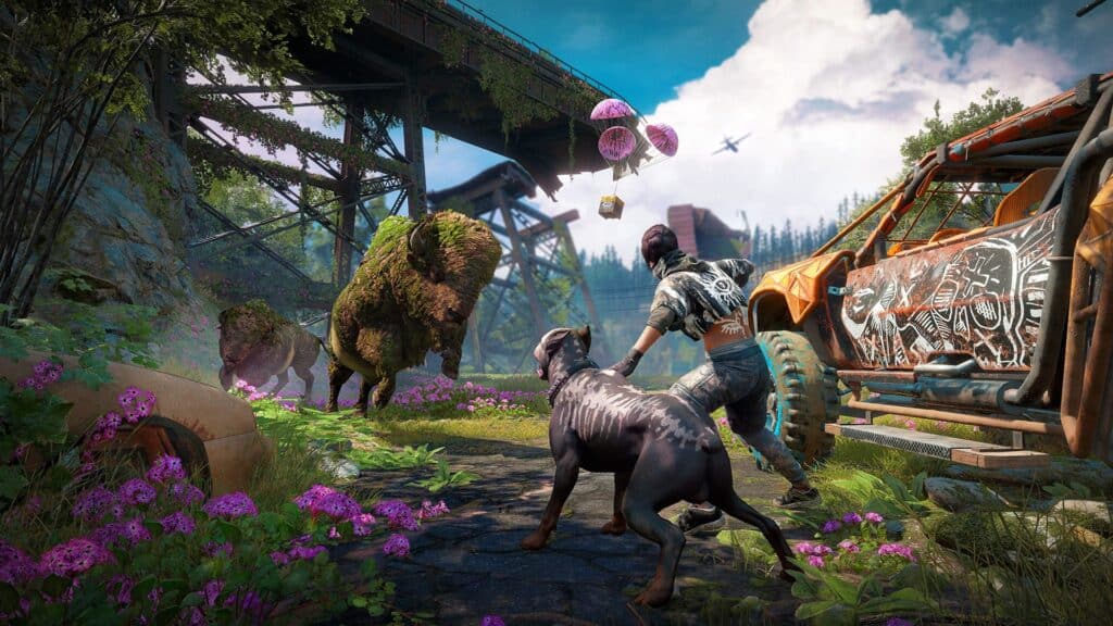 In a striking scene reminiscent of *Far Cry: New Dawn*, a person and their dog confront mutant boars under a bridge, near an elaborately decorated vehicle, all set against the contrasting vibrancy of blooming flowers. Perfect for fans of post-apocalyptic adventures on Xbox Game Pass.