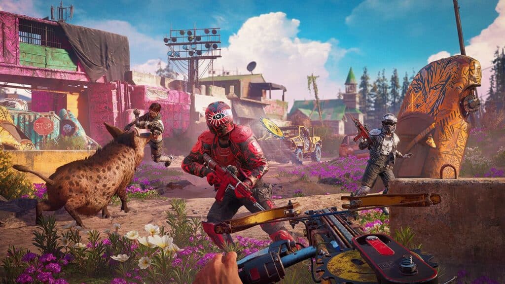 In a vibrant, post-apocalyptic landscape reminiscent of Far Cry: New Dawn, armed characters strategize alongside a charging boar. This dynamic scene captures the thrilling essence of adventure and survival, bringing an unforgettable gaming experience on Xbox Game Pass.