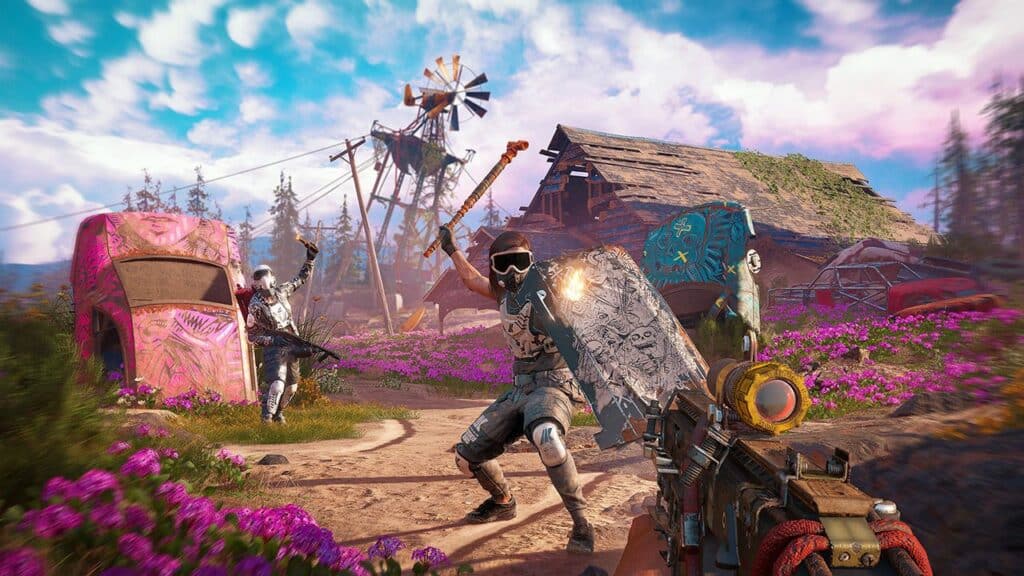 In this vibrant scene reminiscent of Far Cry: New Dawn, armed characters navigate a colorful landscape teeming with pink flowers and rustic structures, an adventure that Xbox Game Pass users can dive into for an exhilarating experience.