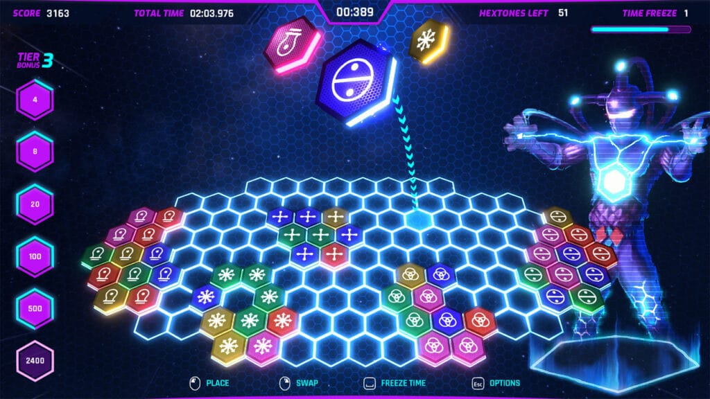 Futuristic hexagon board game with glowing symbols and digital interface.