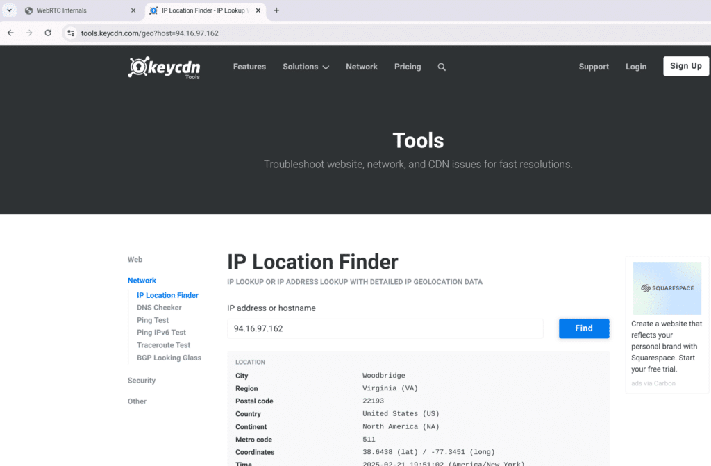 keycdn IP address geo-location tool screenshot